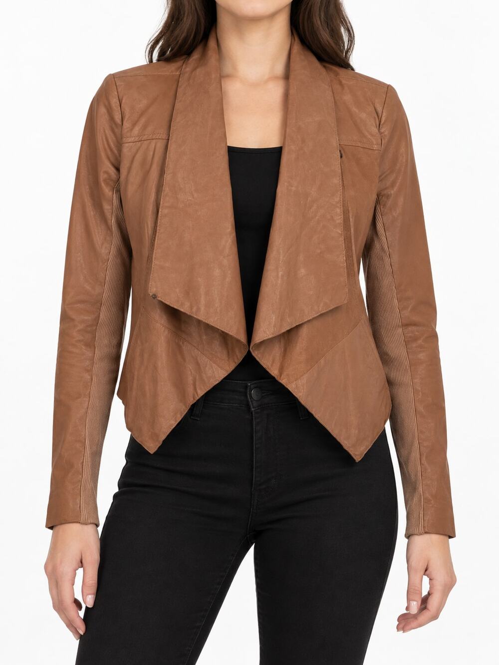 BCBGMAXAZRIA Women's XS Brown Faux Leather Draped Asymmetrical Crop Moto Jacket